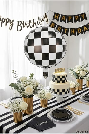 Siyah Beyaz Dama Desenli Yuvarlak Folyo Balon 18 inç Parti Süsü