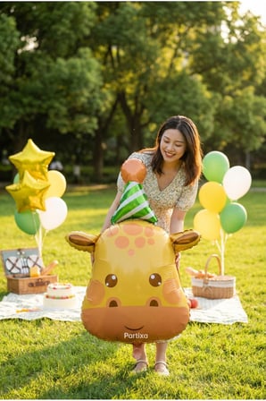 Şapkalı Safari Zürafa Kafa Folyo Balon 80x56 cm Safari Temalı Çocuk Doğum Günü Parti Süsü