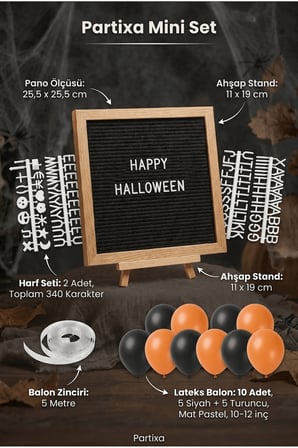 Cadılar Bayramı Halloween Süsleme Mini Set Siyah Keçe Yazı Panosu Standlı Balon Zincirli