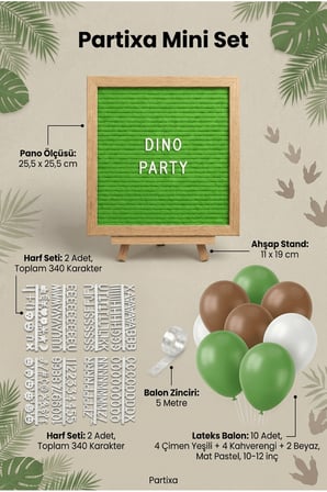 Dinozor Doğum Günü Süsleme Mini Set Fosfor Yeşil Keçe Yazı Panosu Standlı Balon Zincirli