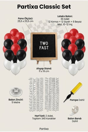 Yarış Arabası Doğum Günü Süsleme Classic Set Siyah Keçe Yazı Panosu Standlı Pompa Balon Zincirli