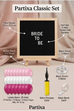 Bekarlığa Veda Bride To Be Süsleme Classic Set Siyah Keçe Yazı Panosu Standlı Balon Zincirli