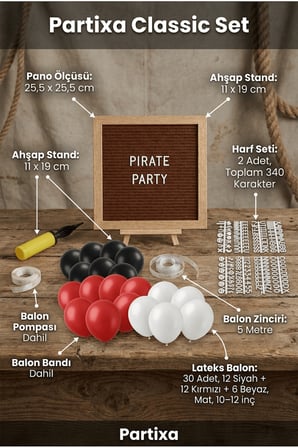 Korsan Temalı Doğum Günü Süsleme Classic Set Kahve Keçe Yazı Panosu Standlı Balon Zincirli