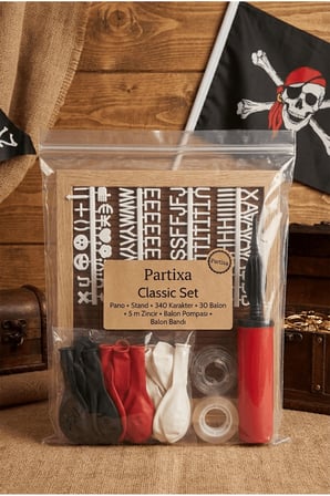 Korsan Temalı Doğum Günü Süsleme Classic Set Kahve Keçe Yazı Panosu Standlı Balon Zincirli
