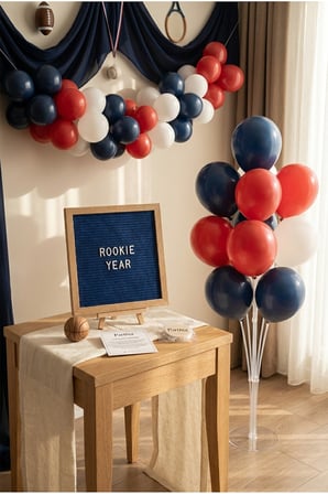 Yılın Çaylağı 1 Yaş Doğum Günü Süsleme Deluxe Set Koyu Mavi Keçe Yazı Panosu Standlı Balon Zincirli 7li Şeffaf Balon Standlı Spor Seti