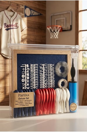 Yılın Çaylağı 1 Yaş Doğum Günü Süsleme Deluxe Set Koyu Mavi Keçe Yazı Panosu Standlı Balon Zincirli 7li Şeffaf Balon Standlı Spor Seti
