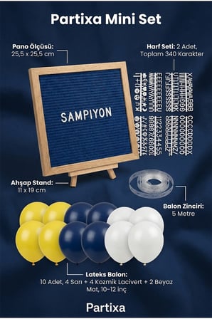 Sarı Lacivert Taraftar Süsleme Mini Set Koyu Mavi Keçe Yazı Panosu Standlı Balon Zincirli Taraftar Doğum Günü Seti