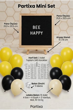 Bal Arısı Temalı Doğum Günü Süsleme Mini Set Siyah Keçe Yazı Panosu Standlı Balon Zincirli 1 Yaş Konsepti