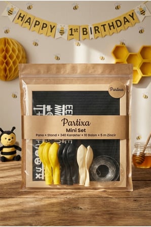 Bal Arısı Temalı Doğum Günü Süsleme Mini Set Siyah Keçe Yazı Panosu Standlı Balon Zincirli 1 Yaş Konsepti