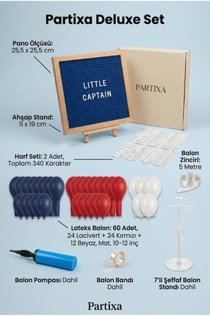 Denizci Temalı Doğum Günü Süsleme Deluxe Set Koyu Mavi Keçe Yazı Panosu Standlı Balon Zincirli 7li Şeffaf Balon Standlı Kaptan Seti