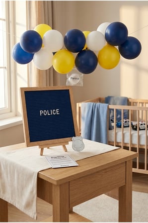 Polis Temalı Doğum Günü Süsleme Mini Set Koyu Mavi Keçe Yazı Panosu Standlı Balon Zincirli Polis Devriye Konsepti