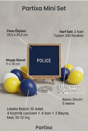 Polis Temalı Doğum Günü Süsleme Mini Set Koyu Mavi Keçe Yazı Panosu Standlı Balon Zincirli Polis Devriye Konsepti