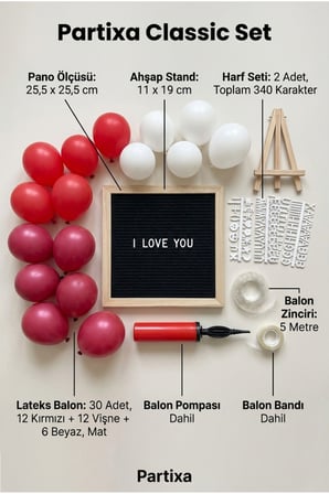 Sevgililer Günü Yıl Dönümü Süsleme Classic Set Siyah Keçe Yazı Panosu Standlı Balon Zincirli El Pompası Romantik Set