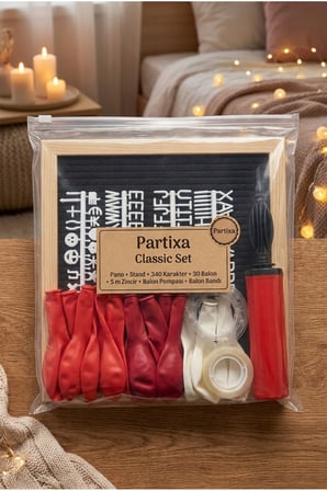 Sevgililer Günü Yıl Dönümü Süsleme Classic Set Siyah Keçe Yazı Panosu Standlı Balon Zincirli El Pompası Romantik Set