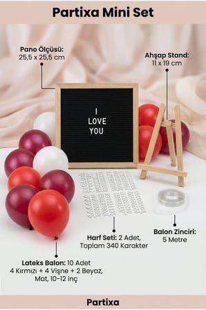 Sevgililer Günü Yıl Dönümü Süsleme Mini Set Siyah Keçe Yazı Panosu Standlı Balon Zincirli Romantik Sürpriz Kutlama Seti