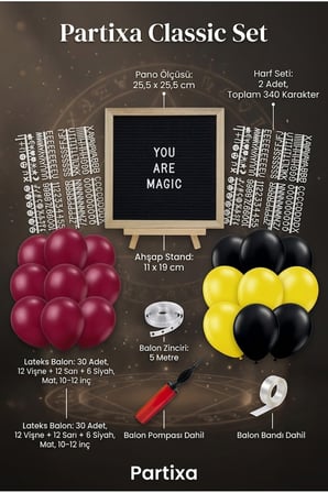 Sihirli Şato Büyücülük Okulu Temalı Doğum Günü Süsleme Classic Set Siyah Keçe Yazı Panosu Standlı Balon Zincirli El Pompası Sihirbaz Seti
