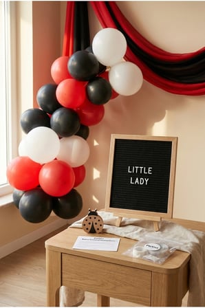 Uğur Böceği Temalı Doğum Günü Süsleme Classic Set Siyah Keçe Yazı Panosu Standlı Balon Zincirli El Pompası Seti