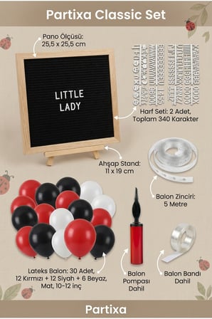 Uğur Böceği Temalı Doğum Günü Süsleme Classic Set Siyah Keçe Yazı Panosu Standlı Balon Zincirli El Pompası Seti