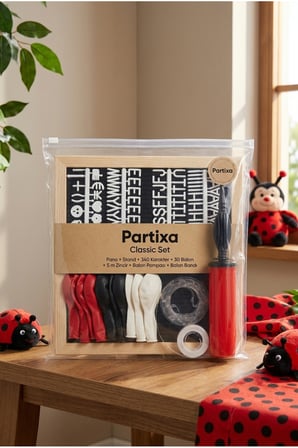 Uğur Böceği Temalı Doğum Günü Süsleme Classic Set Siyah Keçe Yazı Panosu Standlı Balon Zincirli El Pompası Seti
