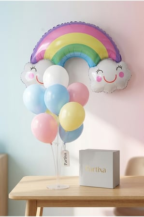 Gülümseyen Bulutlu Gökkuşağı Balon Stand Seti | Şeffaf 7’li Stand + Gökkuşağı Folyo Balon 81×55 cm + 7 Lateks Balon