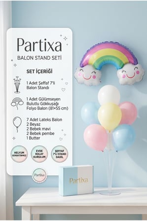 Gülümseyen Bulutlu Gökkuşağı Balon Stand Seti | Şeffaf 7’li Stand + Gökkuşağı Folyo Balon 81×55 cm + 7 Lateks Balon