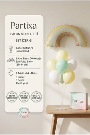 Retro Gökkuşağı Sarı Balon Stand Seti | Şeffaf 7’li Stand + Retro Gökkuşağı Folyo Balon 81×44 cm + 7 Lateks Balon