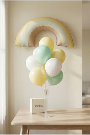Retro Gökkuşağı Sarı Balon Stand Seti | Şeffaf 7’li Stand + Retro Gökkuşağı Folyo Balon 81×44 cm + 7 Lateks Balon