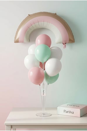 Retro Gökkuşağı Pembe Balon Stand Seti | Şeffaf 7’li Stand + Retro Gökkuşağı Folyo Balon 81×44 cm + 7 Lateks Balon