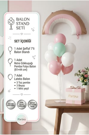 Retro Gökkuşağı Pembe Balon Stand Seti | Şeffaf 7’li Stand + Retro Gökkuşağı Folyo Balon 81×44 cm + 7 Lateks Balon