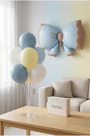 Retro Mavi Fiyonk Balon Stand Seti | Şeffaf 7’li Stand + Retro Mavi Fiyonk Folyo Balon 91×60 cm + 7 Lateks Balon