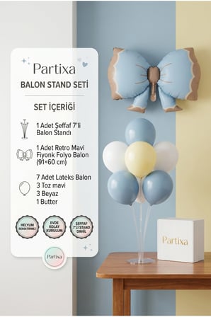 Retro Mavi Fiyonk Balon Stand Seti | Şeffaf 7’li Stand + Retro Mavi Fiyonk Folyo Balon 91×60 cm + 7 Lateks Balon