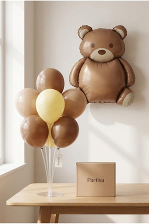Retro Koyu Kahverengi Ayıcık Balon Stand Seti | Şeffaf 7’li Stand + Ayıcık Folyo Balon 89×65 cm + 7 Lateks Balon