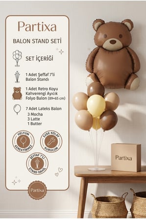 Retro Koyu Kahverengi Ayıcık Balon Stand Seti | Şeffaf 7’li Stand + Ayıcık Folyo Balon 89×65 cm + 7 Lateks Balon