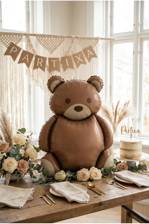 Retro Koyu Kahverengi Ayıcık Balon Stand Seti | Şeffaf 7’li Stand + Ayıcık Folyo Balon 89×65 cm + 7 Lateks Balon