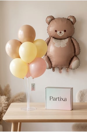 Retro Krem Fiyonklu Kahverengi Ayıcık Balon Stand Seti | Şeffaf 7’li Stand + Ayıcık Folyo Balon 89×65 cm + 7 Lateks Balon