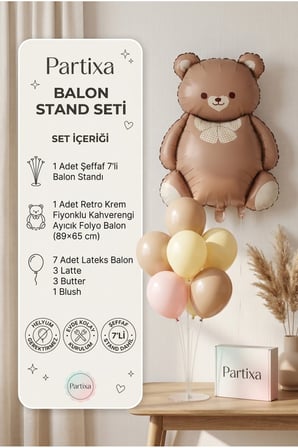 Retro Krem Fiyonklu Kahverengi Ayıcık Balon Stand Seti | Şeffaf 7’li Stand + Ayıcık Folyo Balon 89×65 cm + 7 Lateks Balon