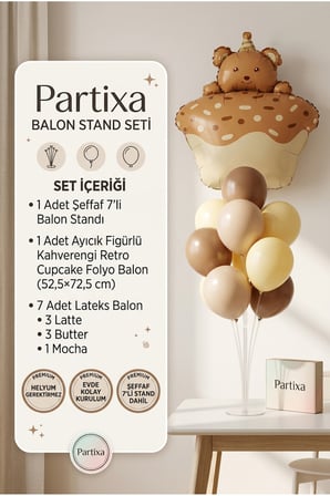Ayıcık Figürlü Kahverengi Retro Cupcake Balon Stand Seti | Şeffaf 7’li Stand + Cupcake Folyo Balon 52,5×72,5 cm + 7 Lateks Balon