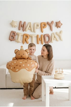 Ayıcık Figürlü Kahverengi Retro Cupcake Balon Stand Seti | Şeffaf 7’li Stand + Cupcake Folyo Balon 52,5×72,5 cm + 7 Lateks Balon