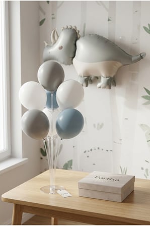Gri Mat Triceratops Retro Dinozor Balon Stand Seti | Şeffaf 7’li Stand + Dinozor Folyo Balon 69×40 cm + 7 Lateks Balon
