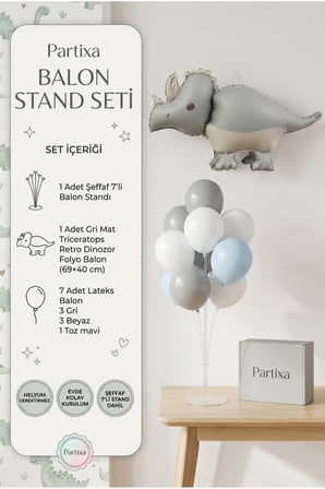 Gri Mat Triceratops Retro Dinozor Balon Stand Seti | Şeffaf 7’li Stand + Dinozor Folyo Balon 69×40 cm + 7 Lateks Balon