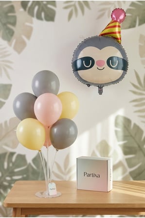 Şapkalı Safari Tembel Hayvan Kafa Balon Stand Seti | Şeffaf 7’li Stand + Tembel Hayvan Folyo Balon + 7 Lateks Balon