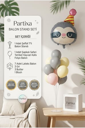 Şapkalı Safari Tembel Hayvan Kafa Balon Stand Seti | Şeffaf 7’li Stand + Tembel Hayvan Folyo Balon + 7 Lateks Balon