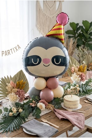 Şapkalı Safari Tembel Hayvan Kafa Balon Stand Seti | Şeffaf 7’li Stand + Tembel Hayvan Folyo Balon + 7 Lateks Balon