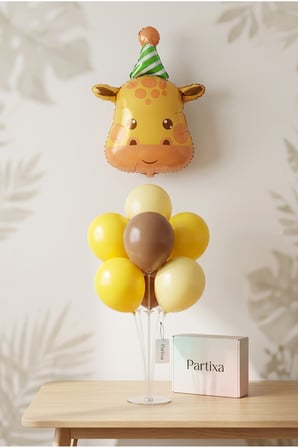 Şapkalı Safari Zürafa Kafa Balon Stand Seti | Şeffaf 7’li Stand + Şapkalı Zürafa Folyo Balon + 7 Lateks Balon
