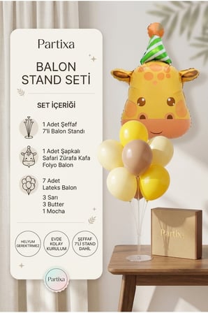 Şapkalı Safari Zürafa Kafa Balon Stand Seti | Şeffaf 7’li Stand + Şapkalı Zürafa Folyo Balon + 7 Lateks Balon