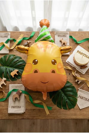 Şapkalı Safari Zürafa Kafa Balon Stand Seti | Şeffaf 7’li Stand + Şapkalı Zürafa Folyo Balon + 7 Lateks Balon