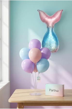 Denizkızı Kuyruğu Balon Stand Seti | Şeffaf 7’li Stand + Denizkızı Kuyruğu Folyo Balon (Pembe-Mavi) + 7 Lateks Balon