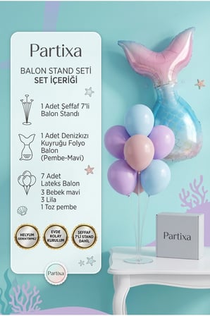 Denizkızı Kuyruğu Balon Stand Seti | Şeffaf 7’li Stand + Denizkızı Kuyruğu Folyo Balon (Pembe-Mavi) + 7 Lateks Balon