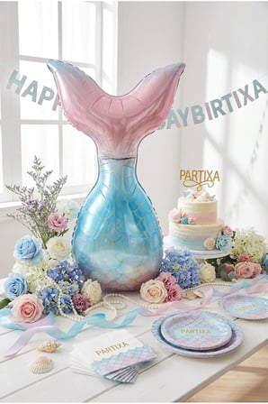 Denizkızı Kuyruğu Balon Stand Seti | Şeffaf 7’li Stand + Denizkızı Kuyruğu Folyo Balon (Pembe-Mavi) + 7 Lateks Balon