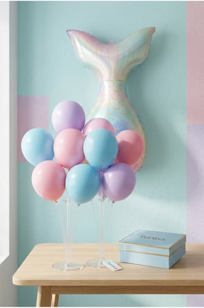 Makaron Denizkızı Kuyruğu Balon Stand Seti | Şeffaf 7’li Stand + Makaron Denizkızı Kuyruğu Folyo Balon + 7 Lateks Balon